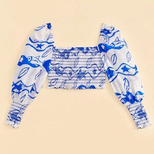NWT L FARM Rio Off-White Pitta Waves Smocked Blouse